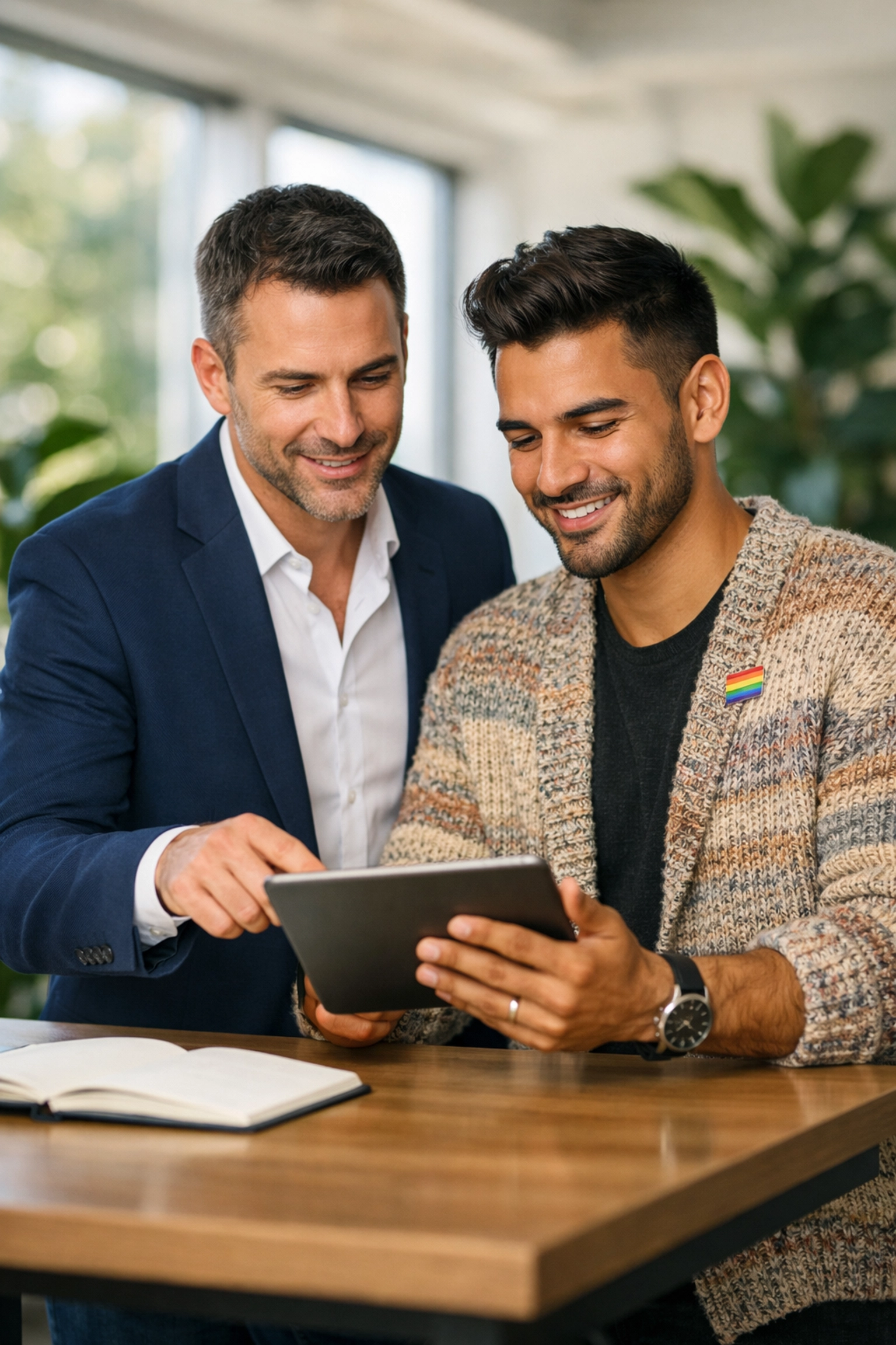 Two gay professionals collaborating in a modern office, representing queer leadership and professional growth.