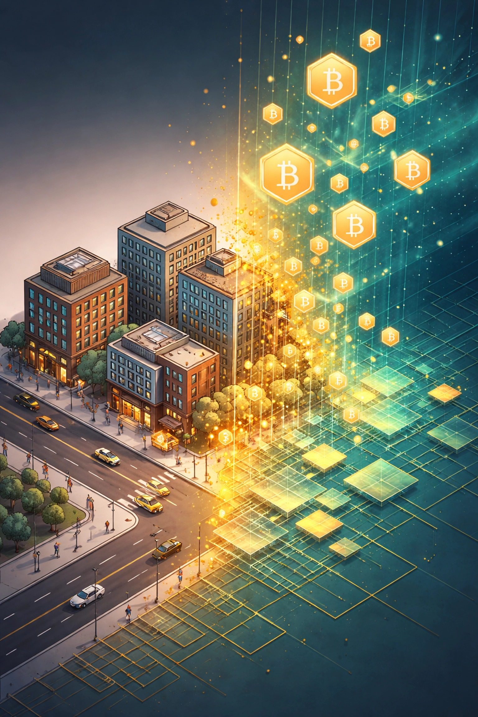 A city block transforming into blockchain tokens, visualizing tokenized real estate investments for institutional portfolios.