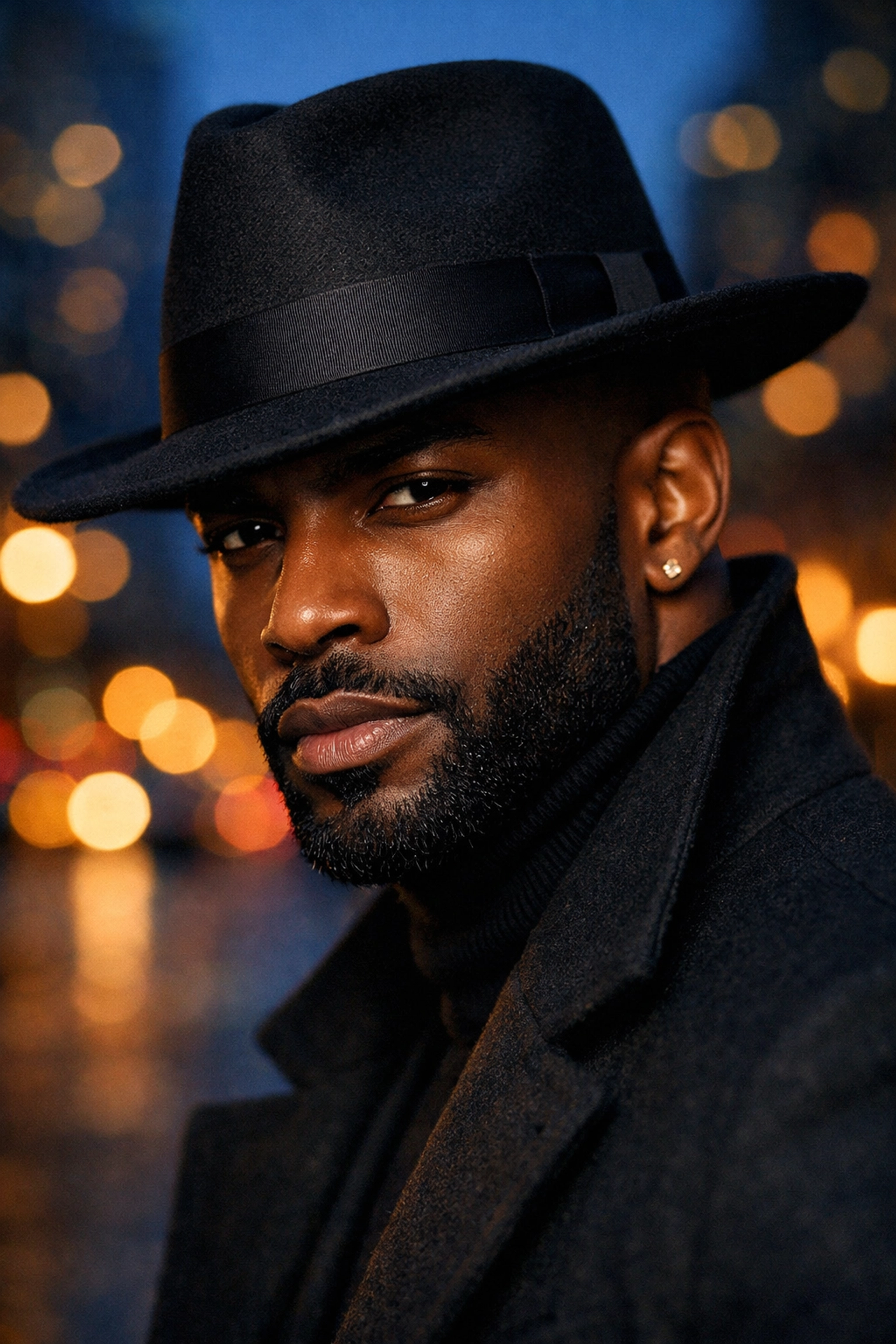 Stylish Black man wearing a premium black fedora, highlighting luxury Black-owned fashion and accessories.