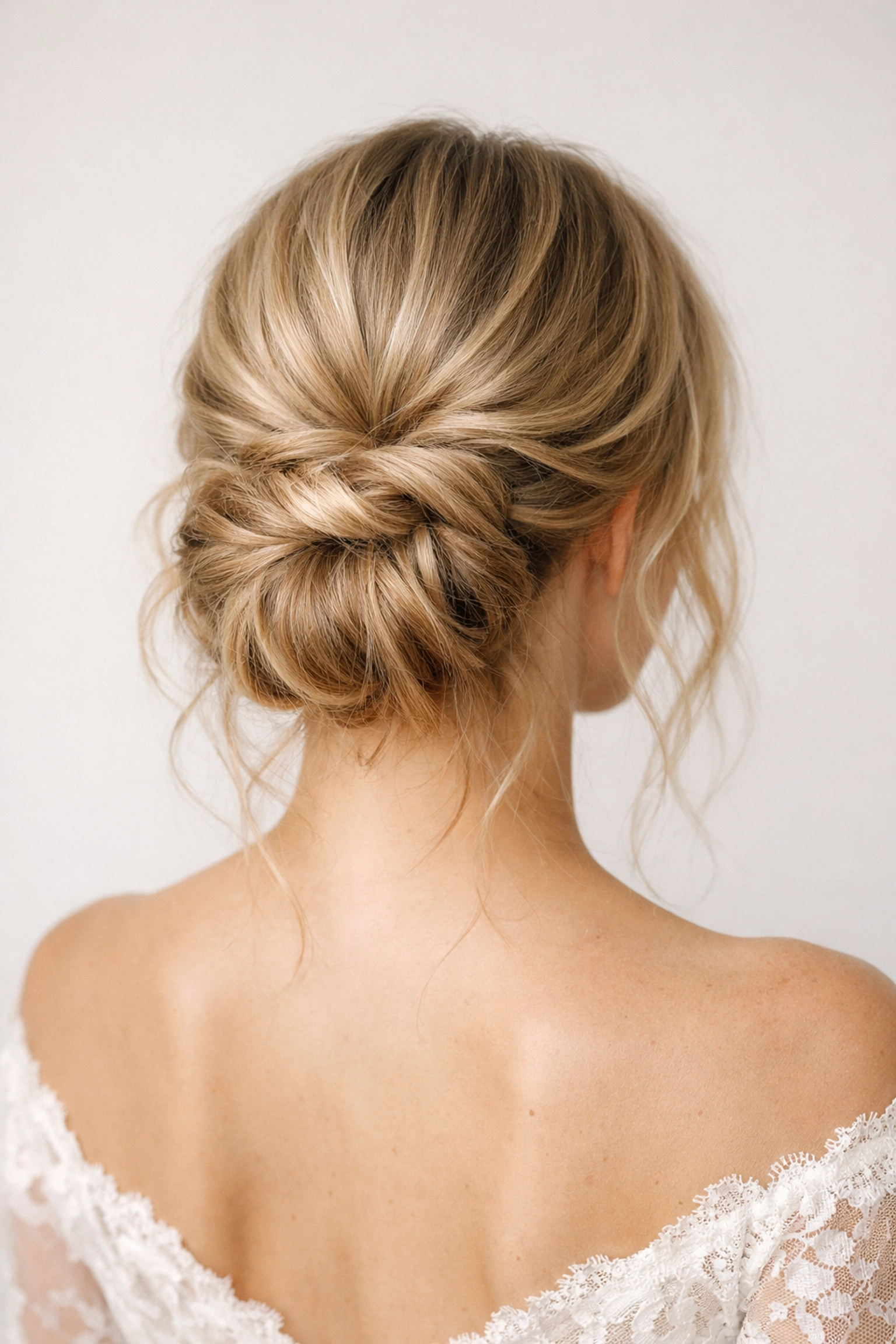 Romantic loose low bun bridal hairstyle by expert stylists at our beauty salon in Concord NH.