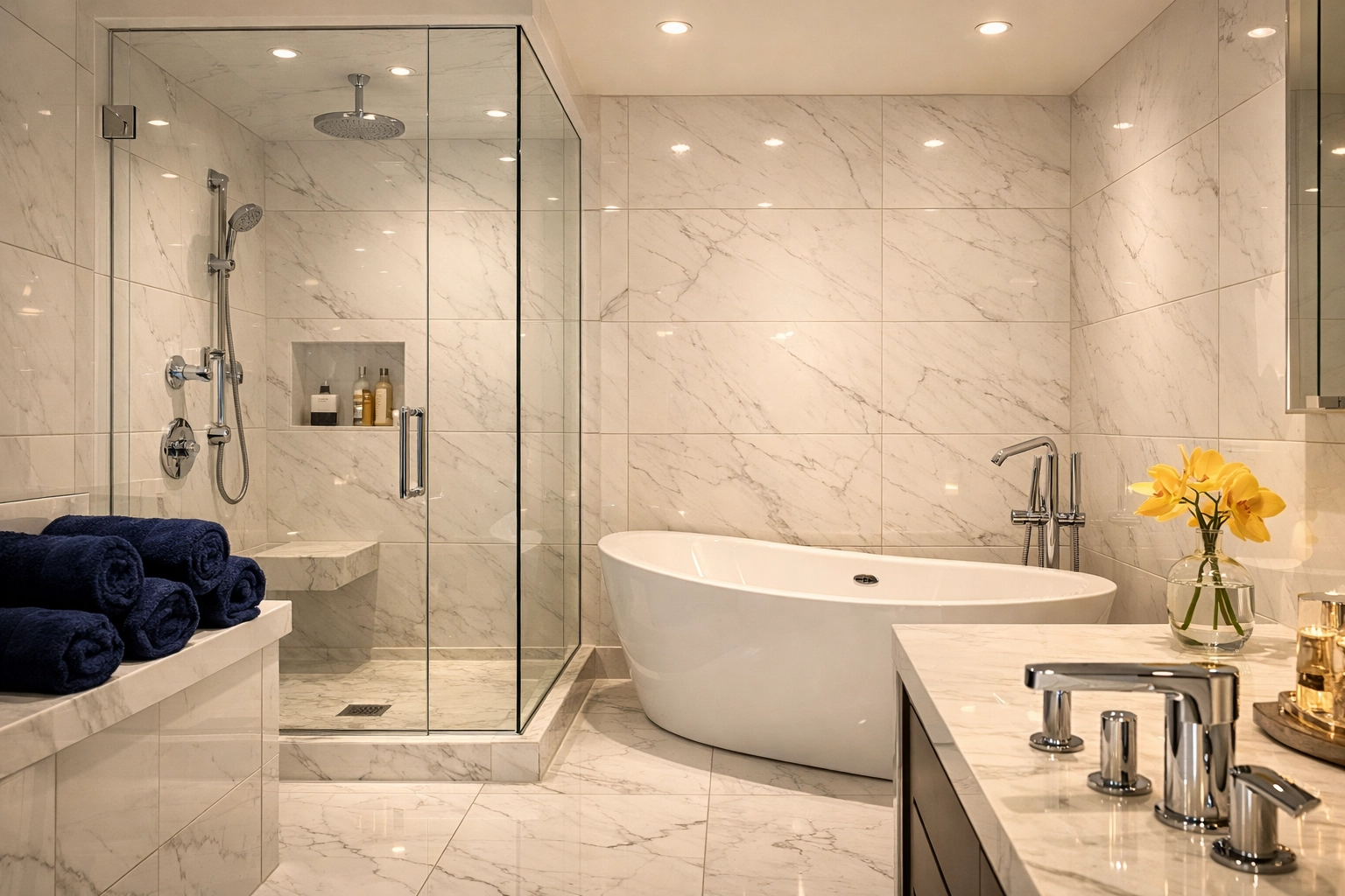 Deep cleaned Weston master bathroom featuring scrubbed grout and polished marble tile.