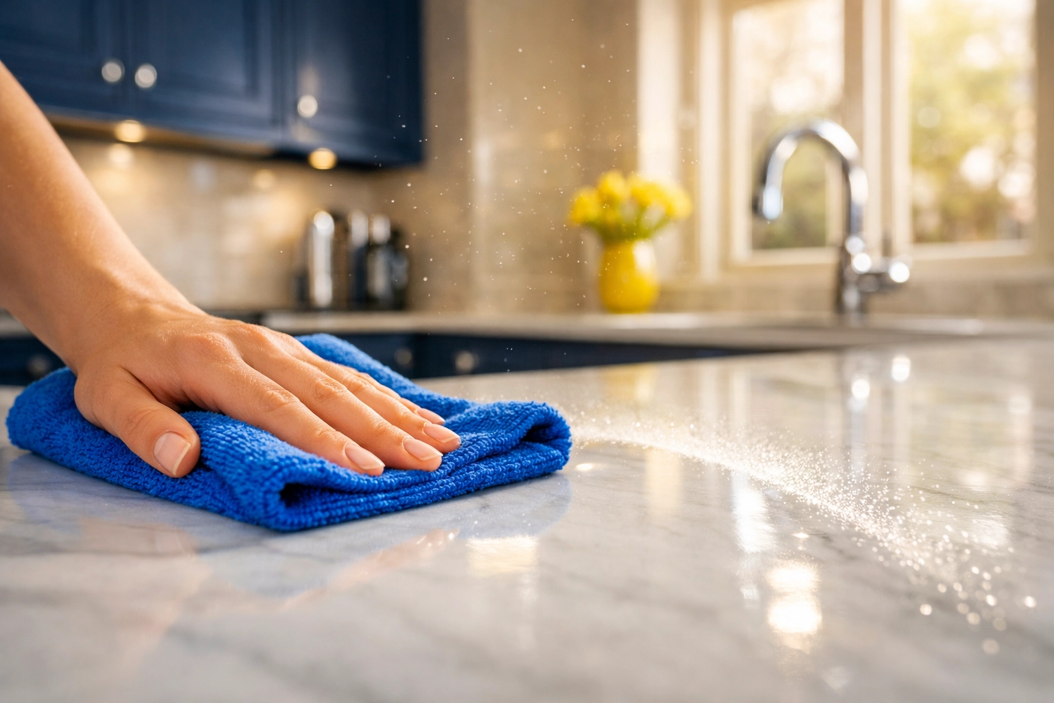 Using a microfiber cloth to trap fine dust during post construction cleaning in a Marlborough home.