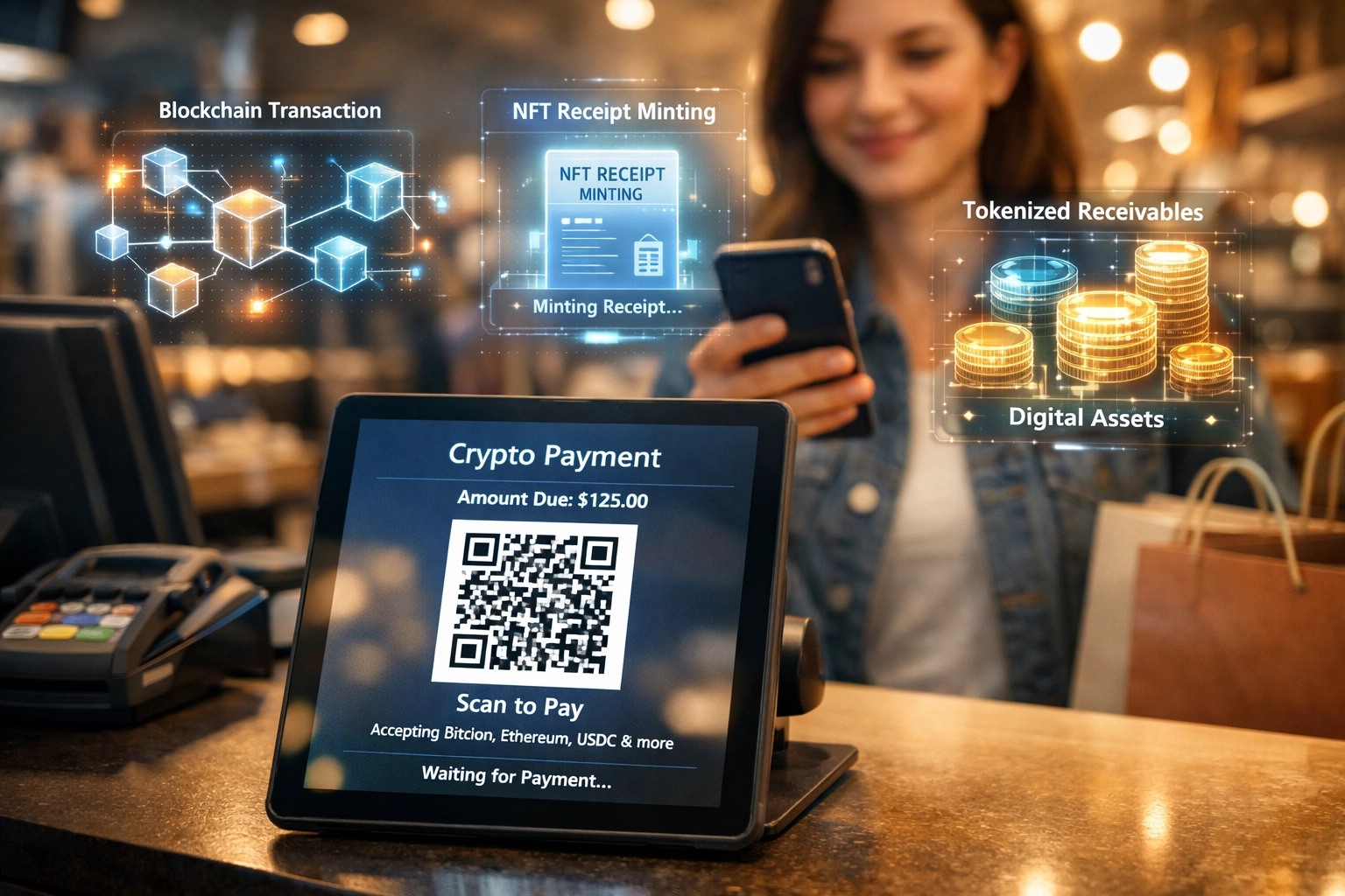Merchant accepting crypto payment at checkout counter using QR code with NFT receipt generation