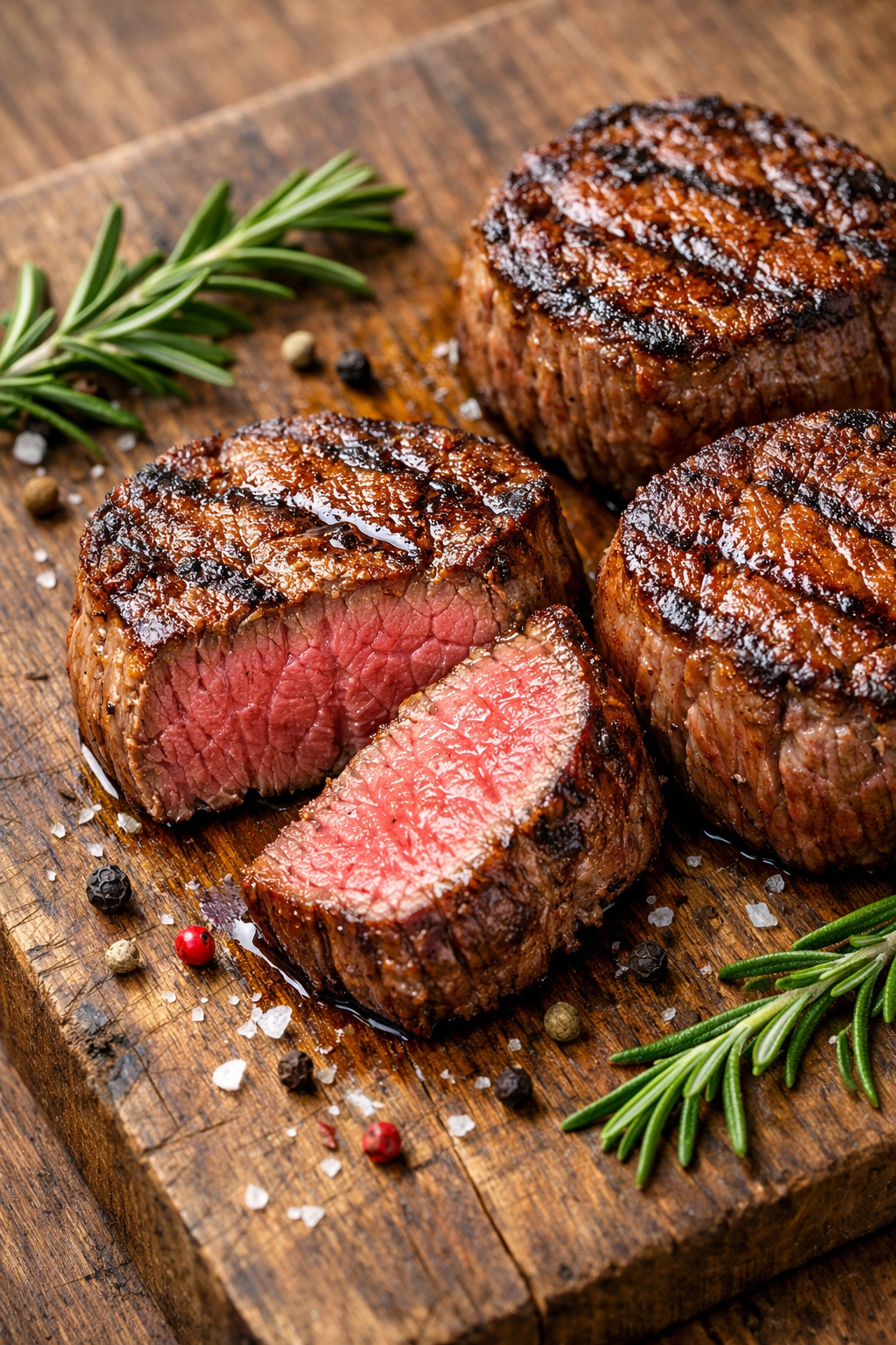 Perfectly seared beef filet medallions with rosemary on wooden cutting board