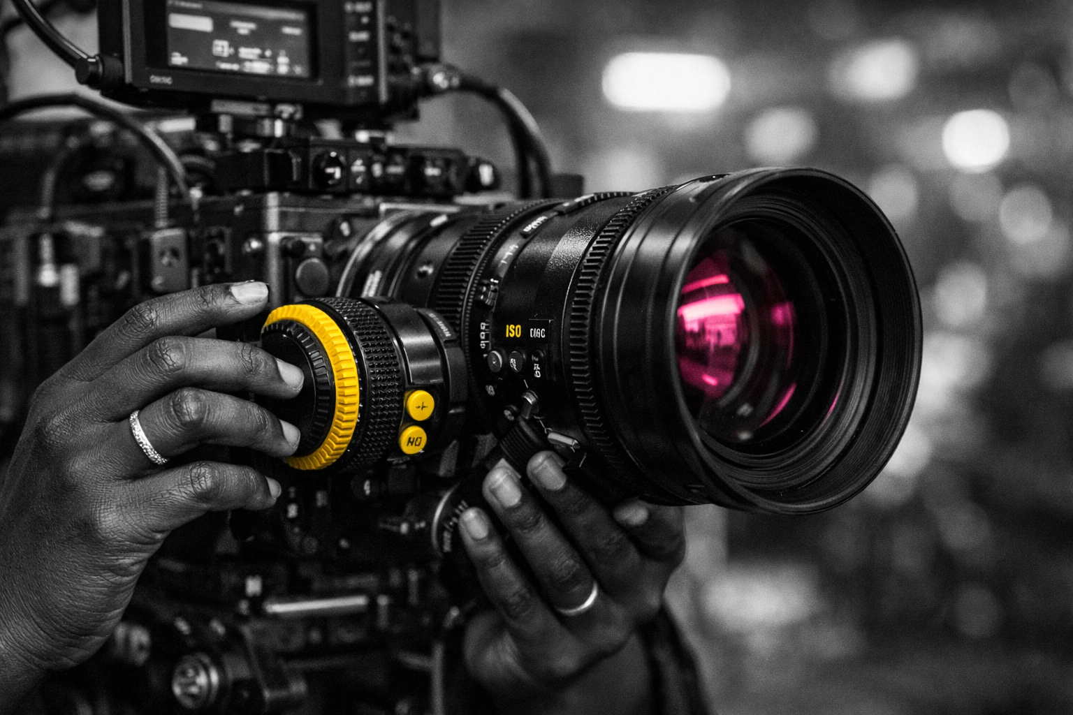 Close-up of a Black woman operating a professional cinema camera, representing the business of storytelling.