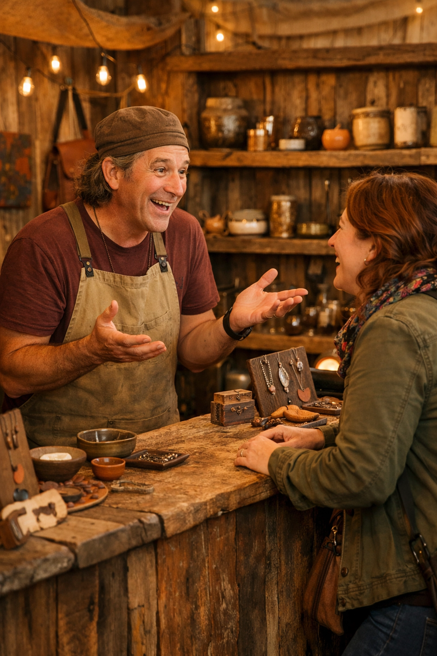 Craft show vendor discussing handcrafted gifts with customer at artisan market