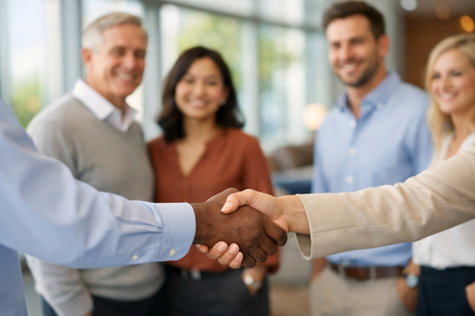 Business professionals partnering on franchise sales organization agreement