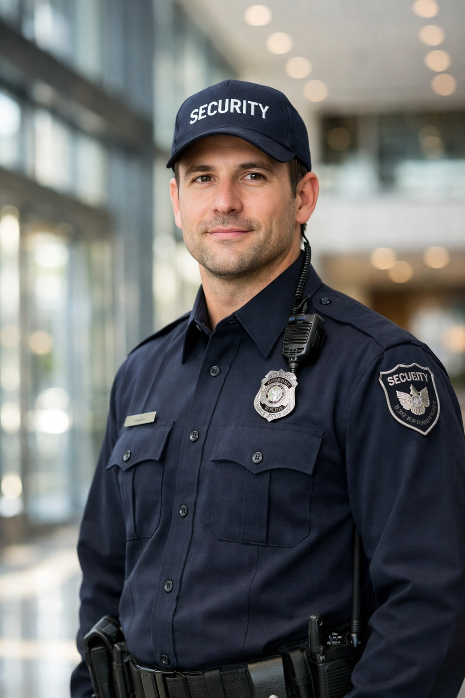 Professional SIA security guard in uniform standing in a modern commercial lobby.