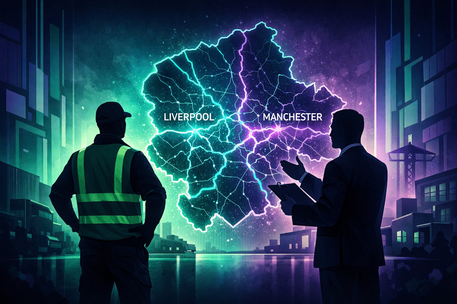 A driver and logistics manager collaborating over a map of Liverpool and Manchester roads.