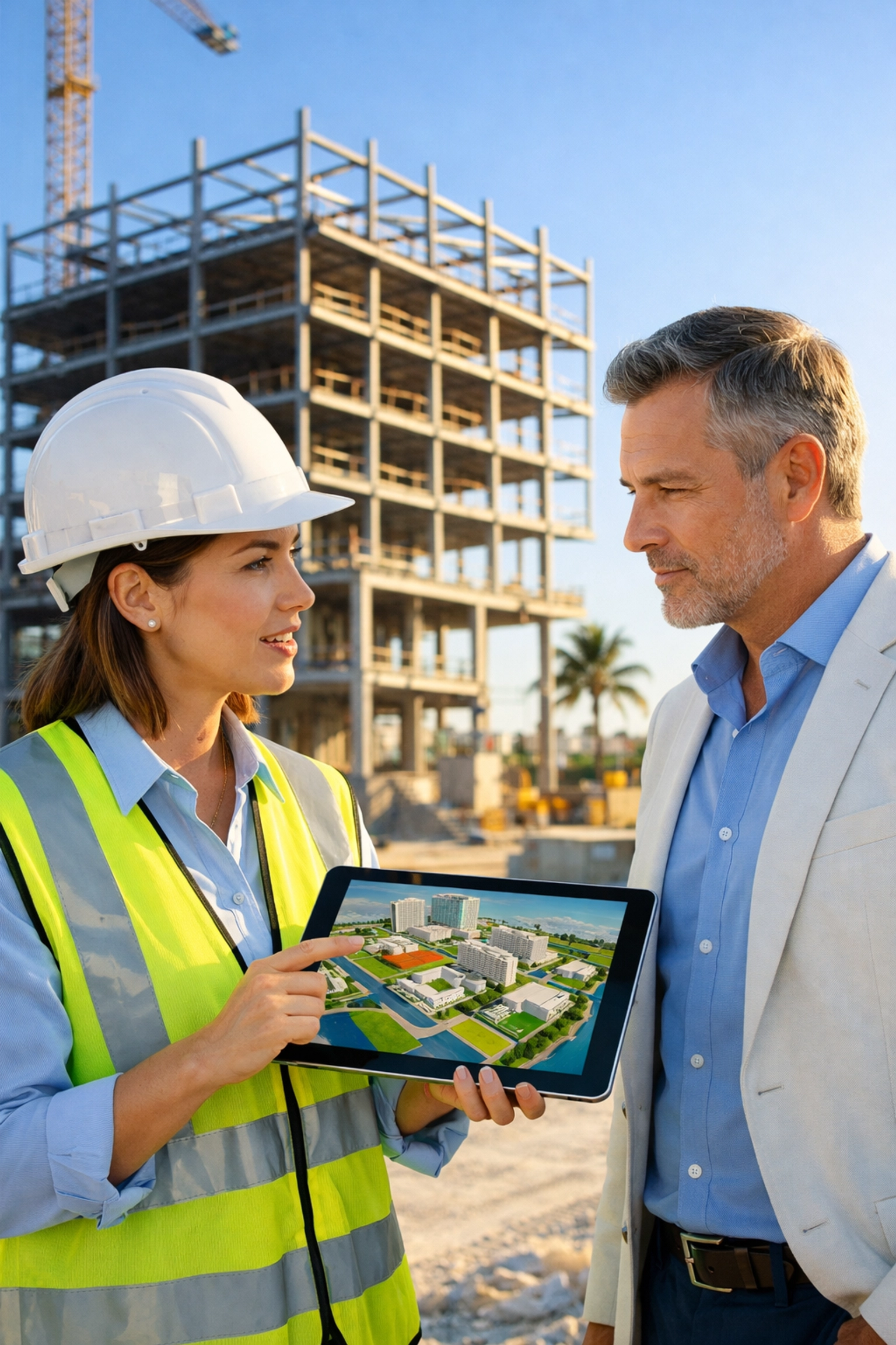 Architect and developer reviewing zoning maps on a South Florida construction site for a commercial building.
