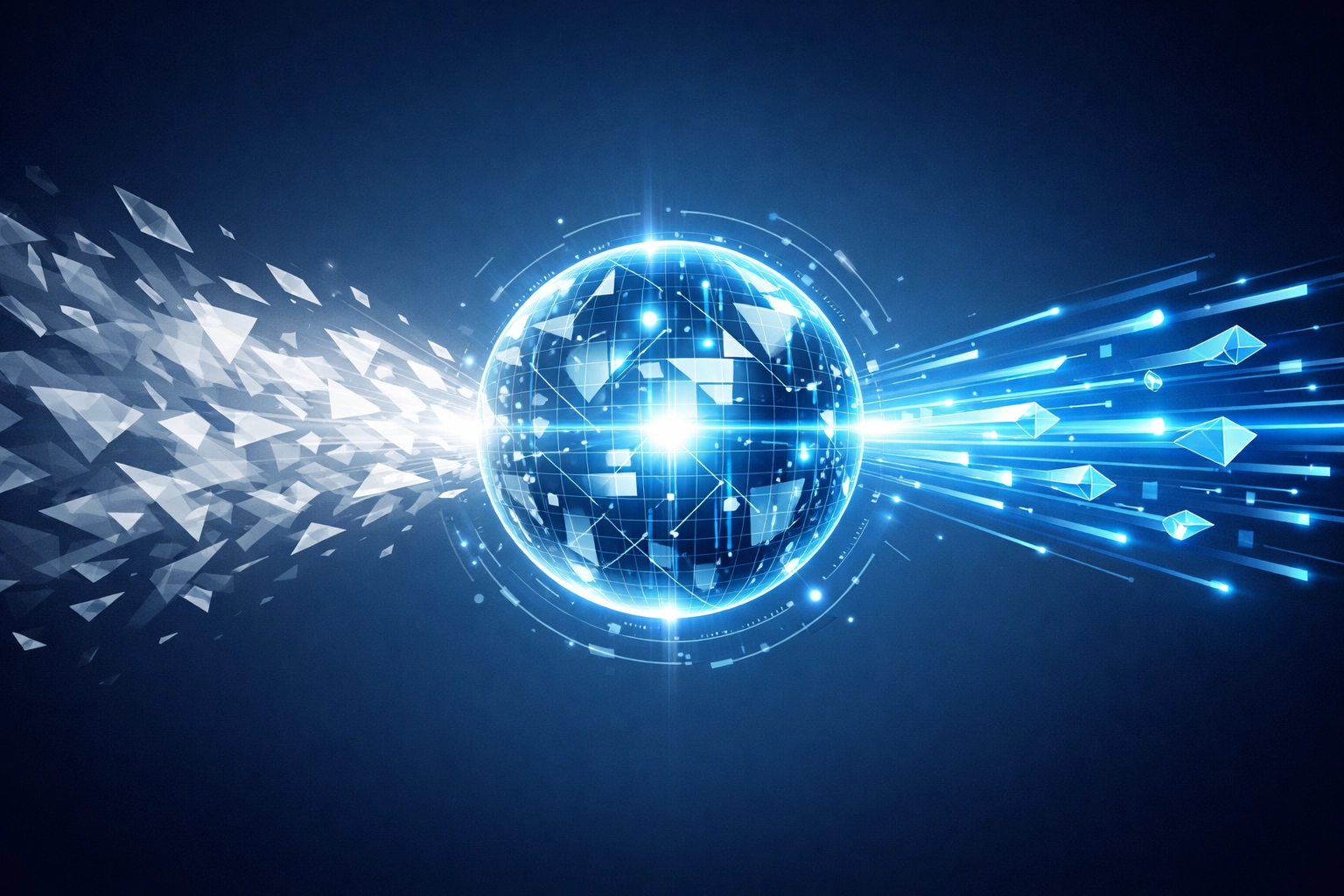 Conceptual AI core transforming unstructured data into organized digital workflows for business efficiency.