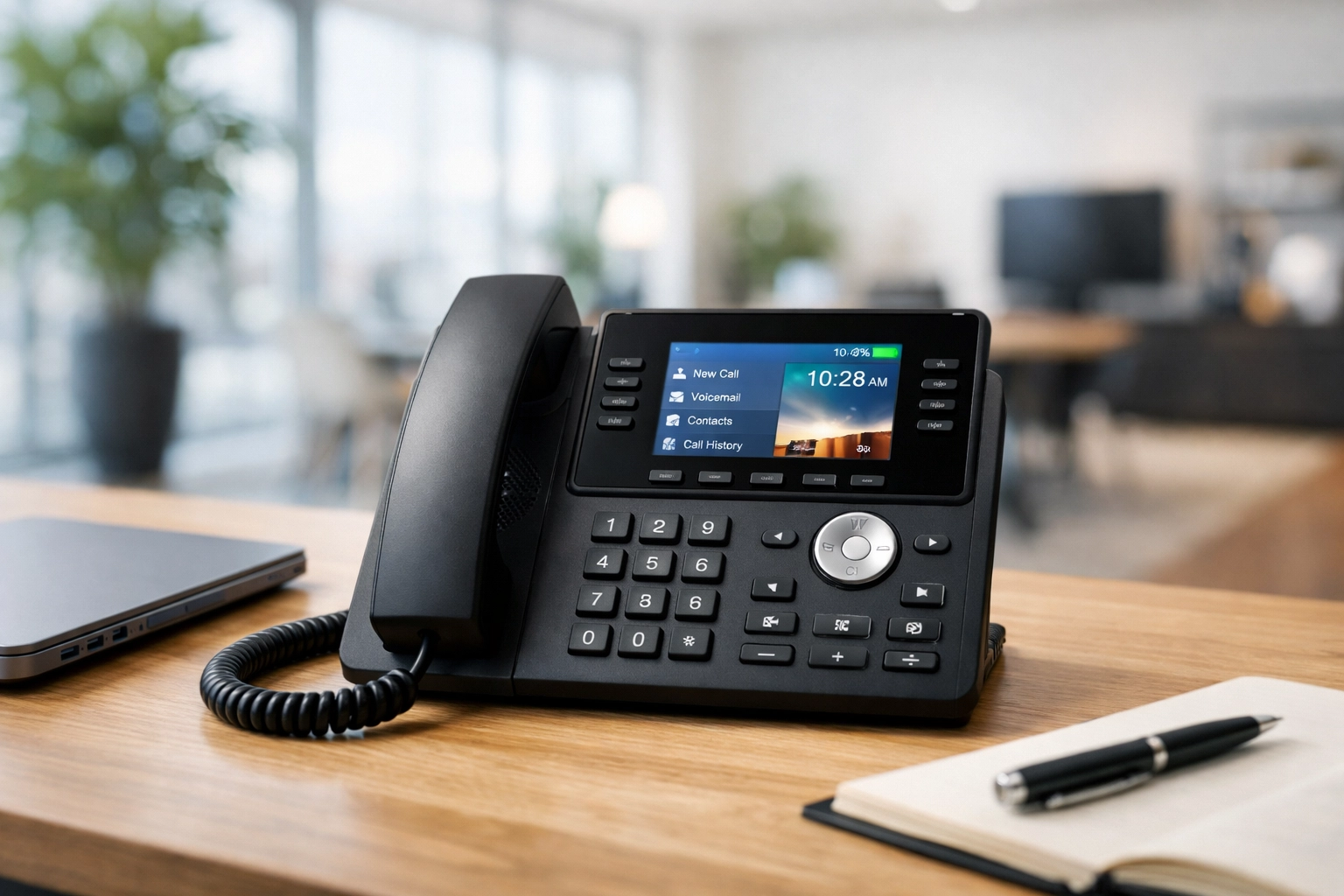 Modern IP desk phone in an open office setting using business VoIP Canada services for clear communication.