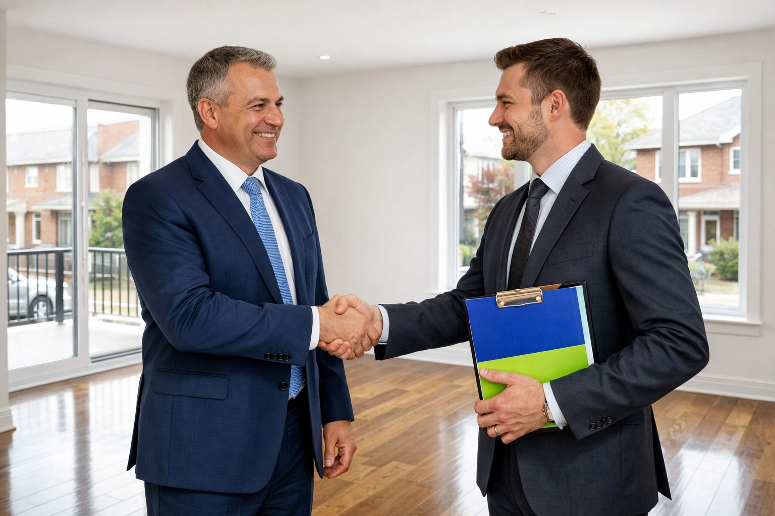Junk GTA owner Roman shaking hands with a real estate agent in a clean Toronto home after an estate cleanout.