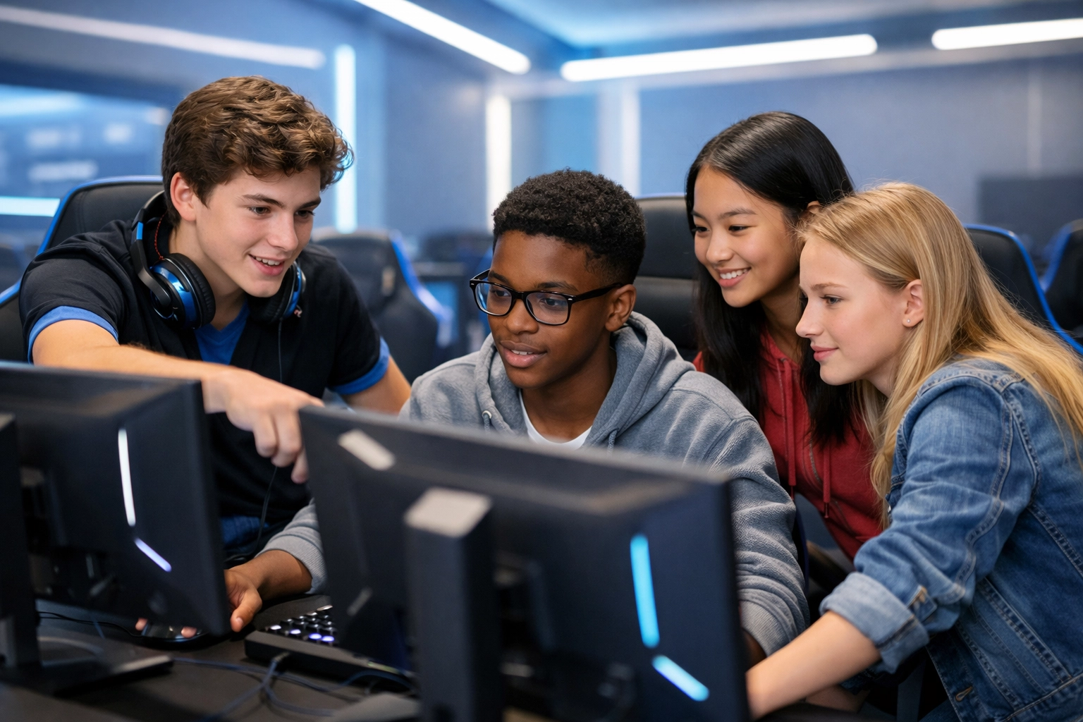 High school students collaborating in a modern esports arena to drive educational growth and engagement.