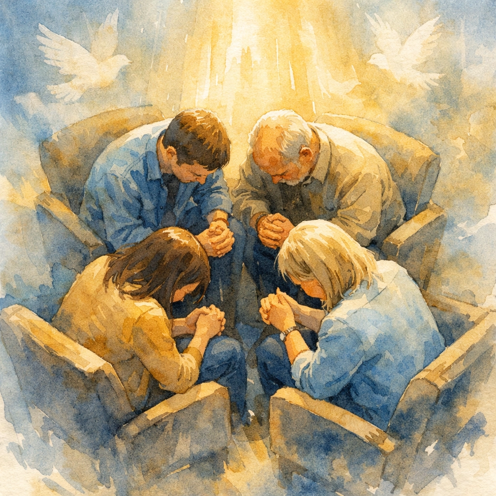 Small group prayer circle demonstrating church belonging through intimate connection and spiritual community