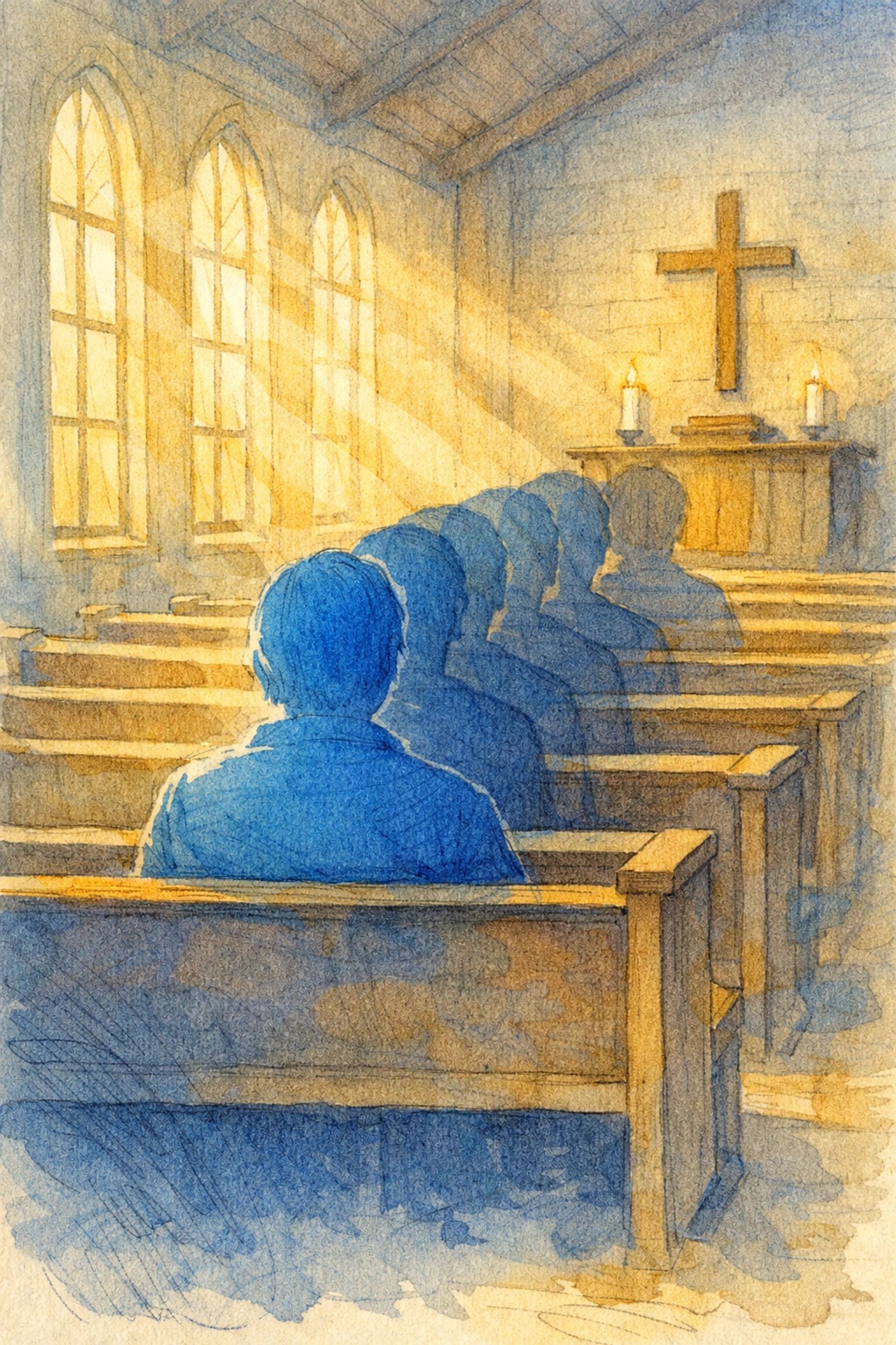 Person faithfully attending church service week after week building Christian community through consistency