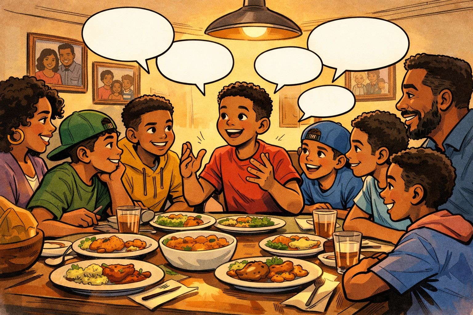 Black and Brown families engaged in dinner conversation using new vocabulary words together