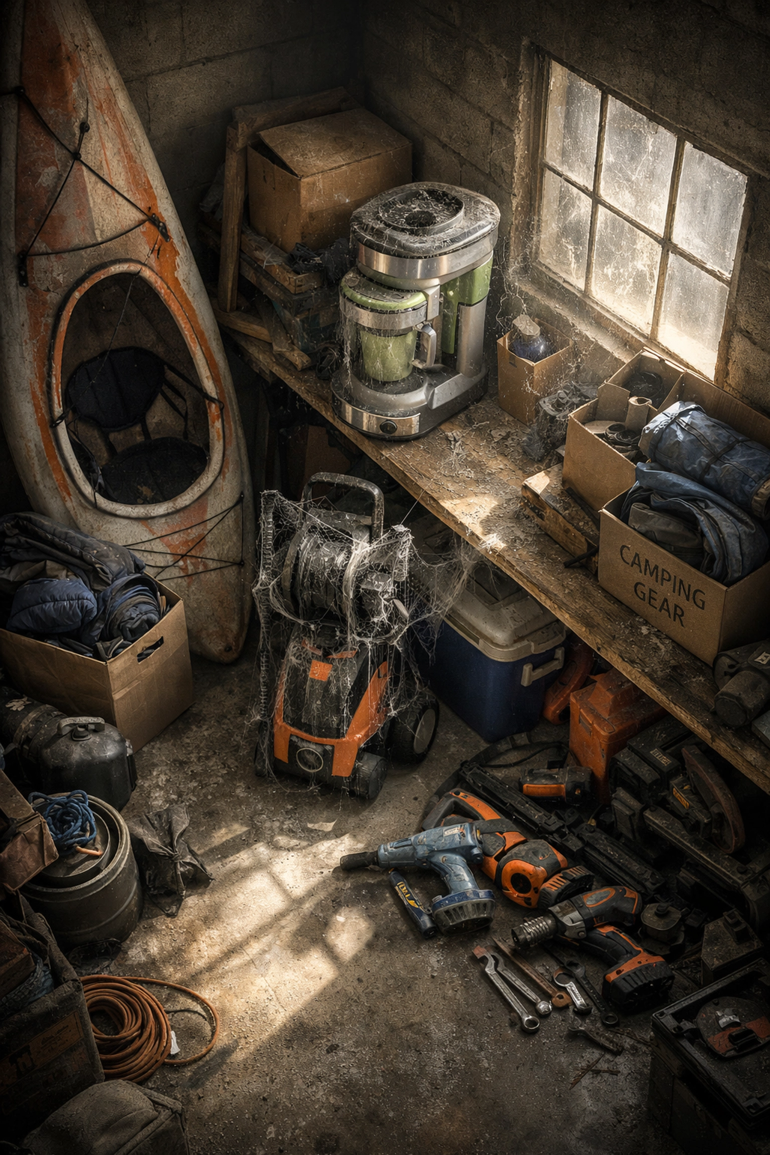 Cluttered garage filled with unused items like kayaks and power tools collecting dust
