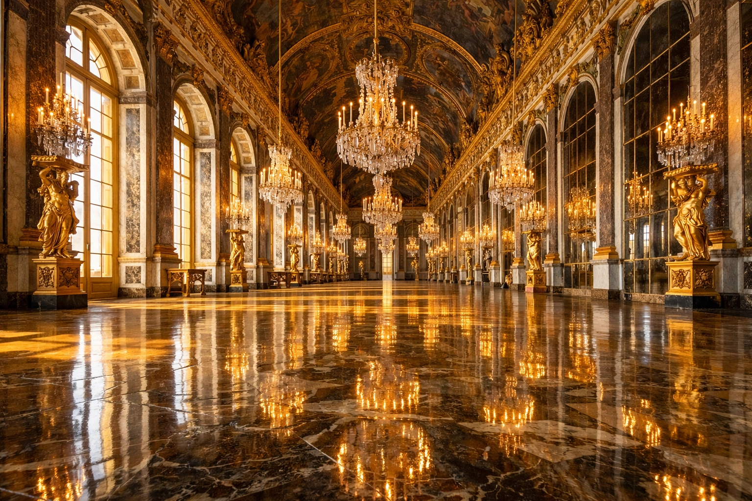 Symmetrical view of the Hall of Mirrors in Versailles, showcasing one of the best photography locations.