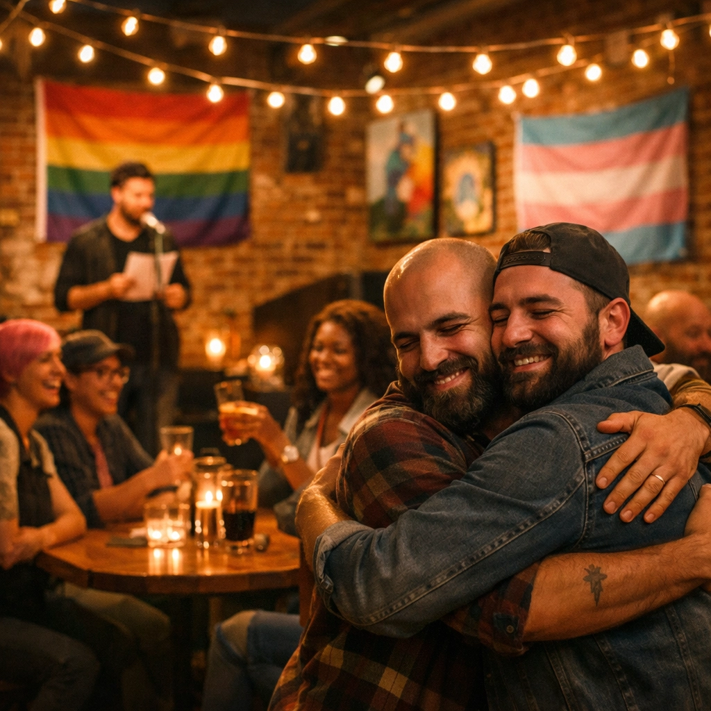 LGBTQ+ people embracing and celebrating at a queer bistro community event
