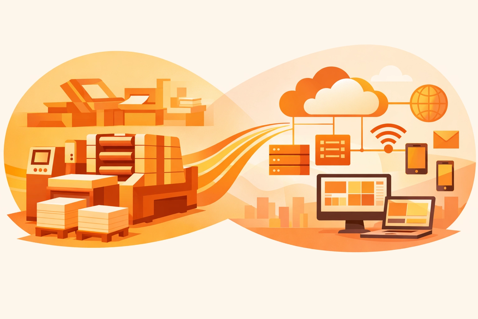 Hybrid print production model combining traditional printing equipment with digital cloud systems