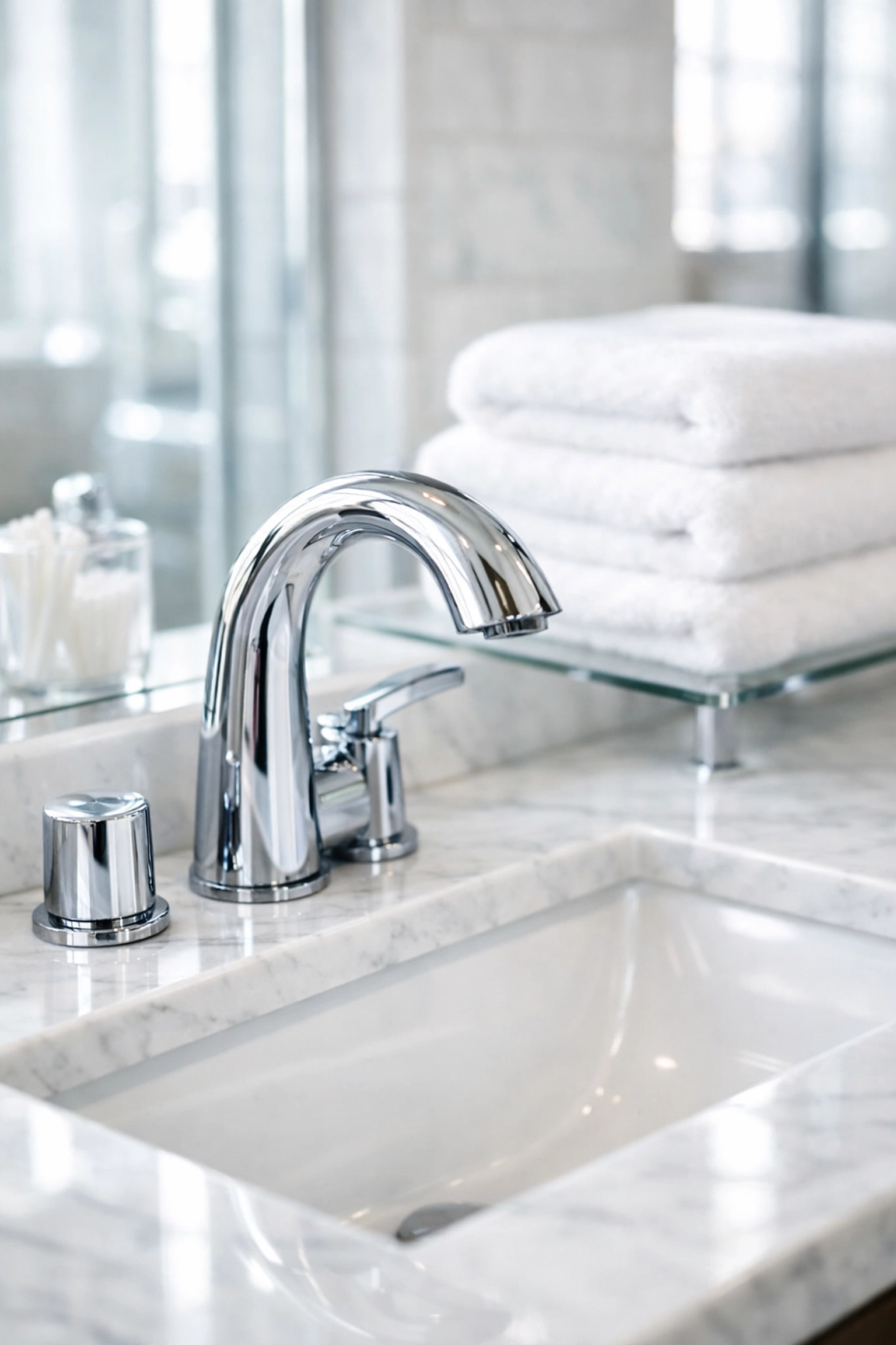 Spotless Detroit loft bathroom vanity showing high-standard turnover cleaning details.