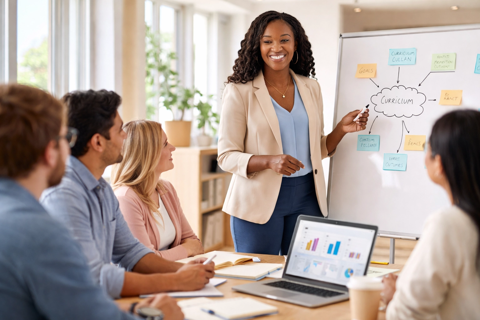 Confident Black female school administrator leads a diverse team in a modern office, discussing AI compliance strategies.