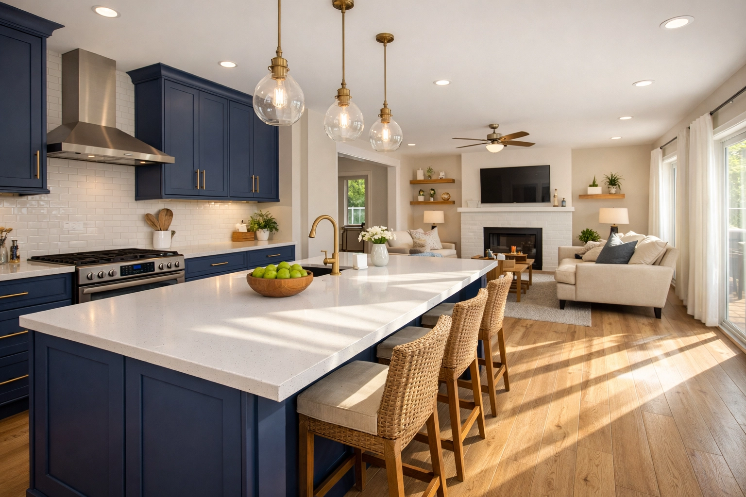 Modern kitchen renovation in Columbus Ohio with quartz island and professional cabinetry finish.