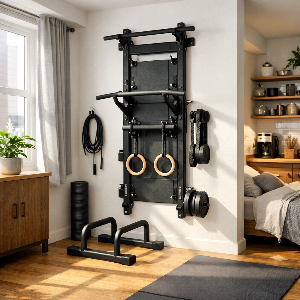 Compact calisthenics equipment for home organized in a small studio apartment gym space.