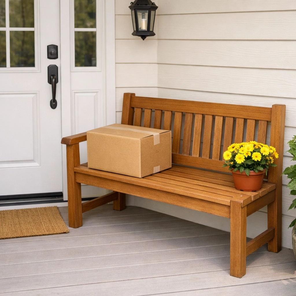 A porch bench used as a package drop zone to keep the walking path to the door clear.