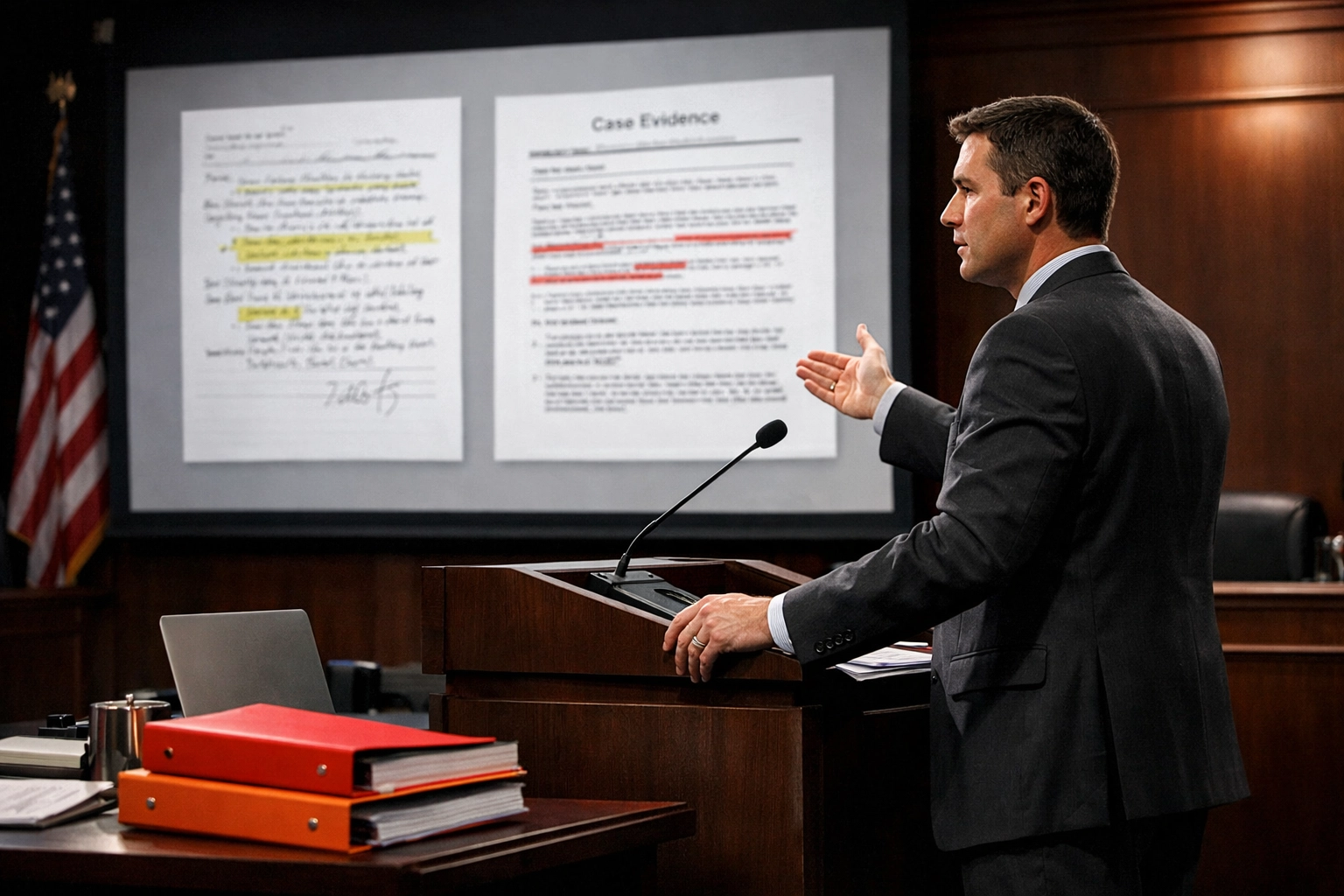 Trial attorney presenting evidence in federal courtroom under updated rules