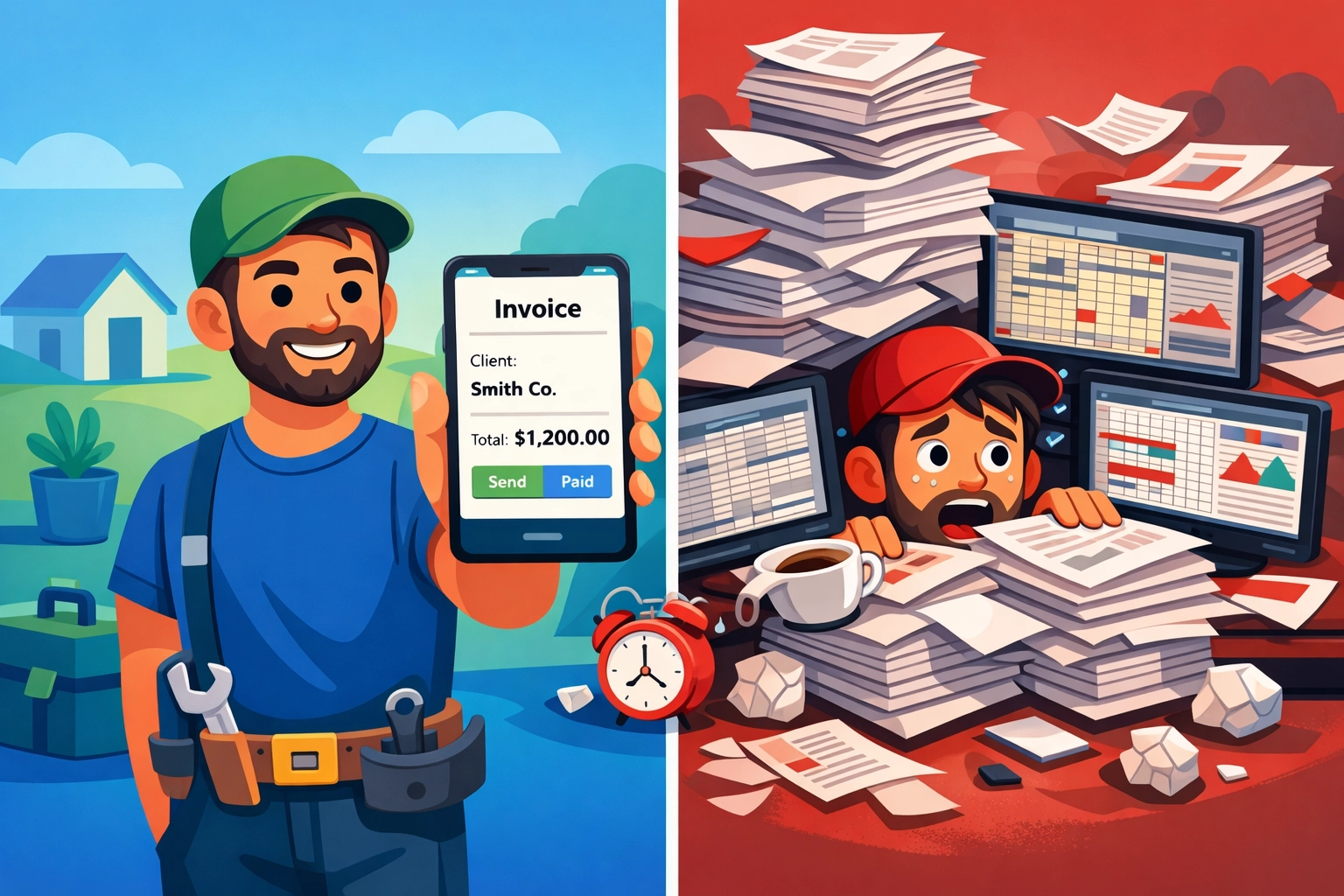 Simple mobile invoicing app compared to complicated manual paperwork for contractors