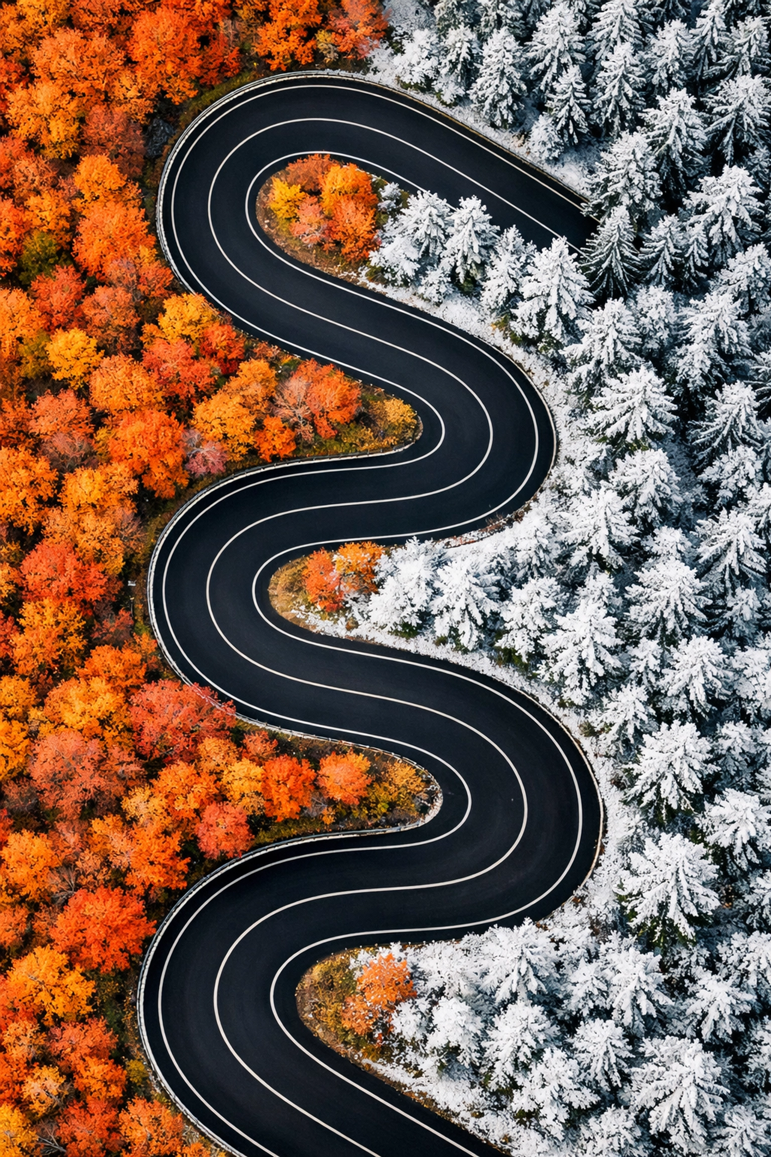 Top-down drone photography of a winding mountain road splitting autumn leaves and winter snow.