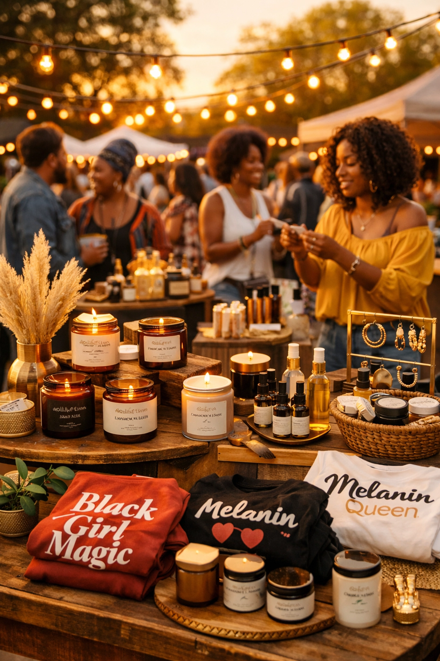 Community pop-up market featuring Black-owned products with shoppers supporting local entrepreneurs