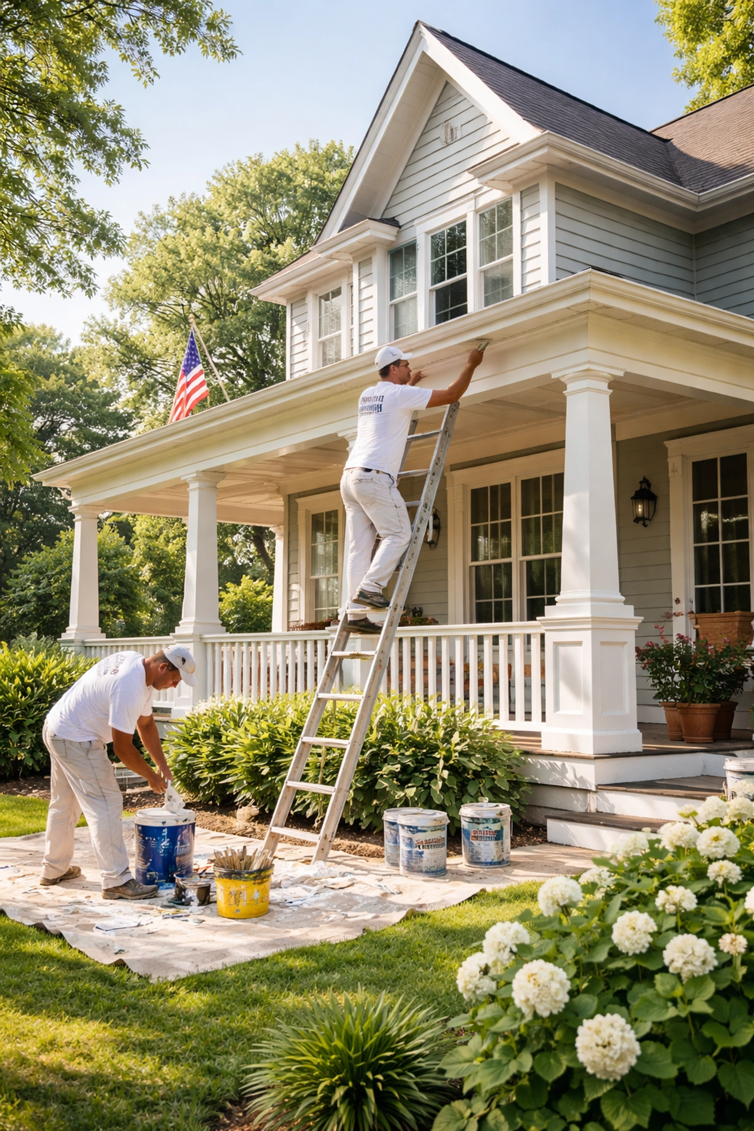 Exterior painting crew working on a classic Atlanta home, demonstrating quality house painting