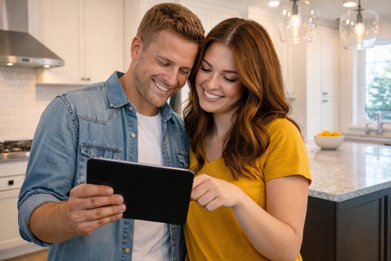 Young couple viewing property listings on tablet at Alberta home open house