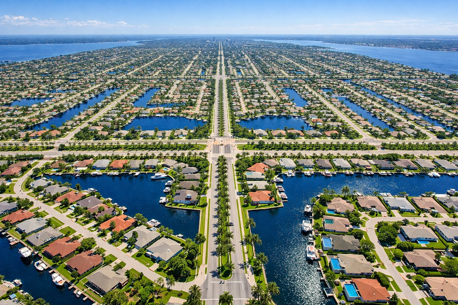 Aerial drone view of the Cape Coral quadrants and the extensive canal system under bright Florida sun.