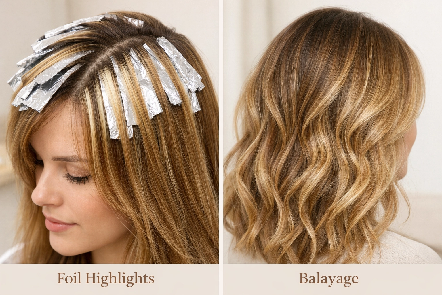 Comparison of structured foil highlights and soft, graduated balayage for hair dimension.