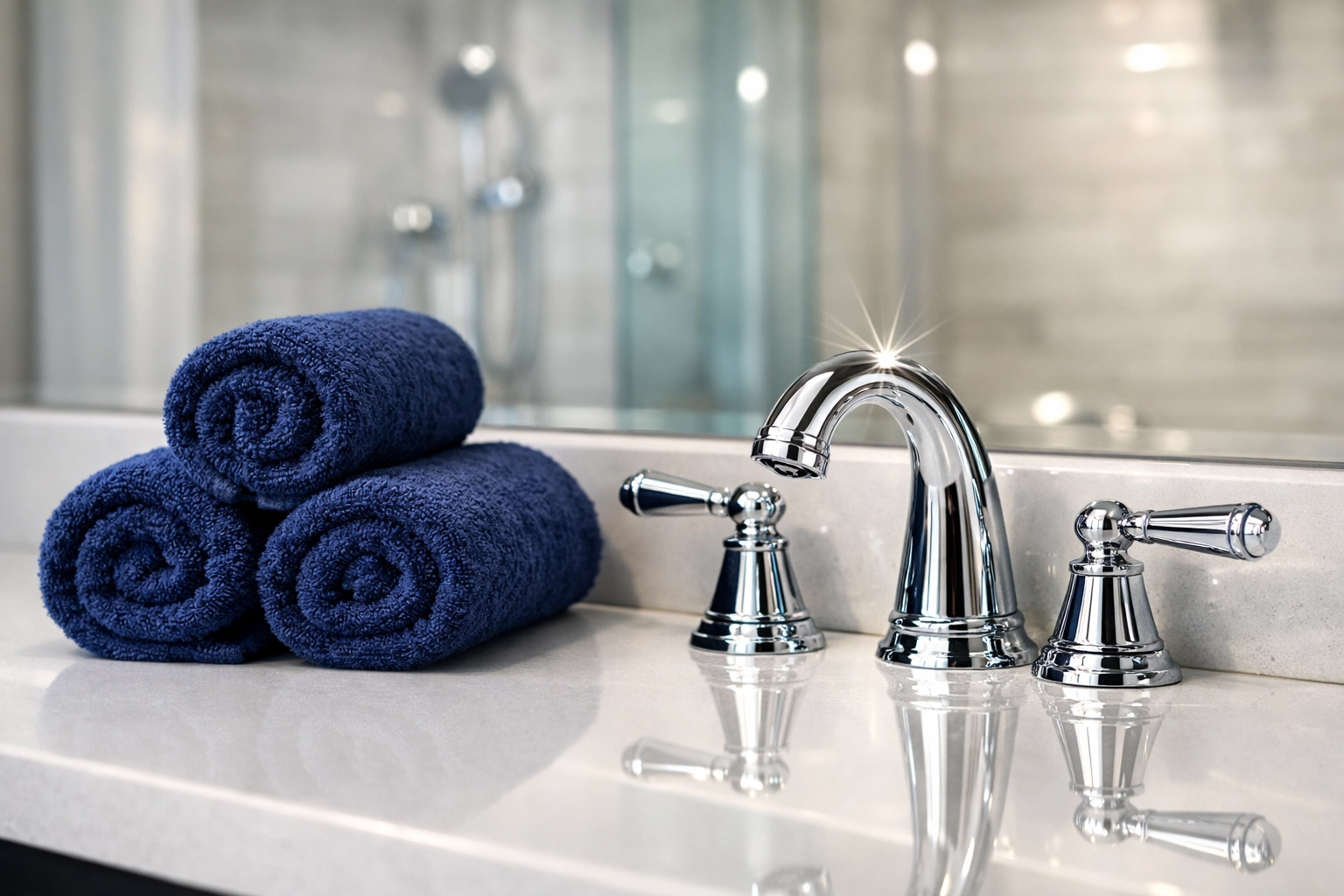 Sanitized luxury bathroom vanity with sparkling chrome fixtures from professional residential cleaning.