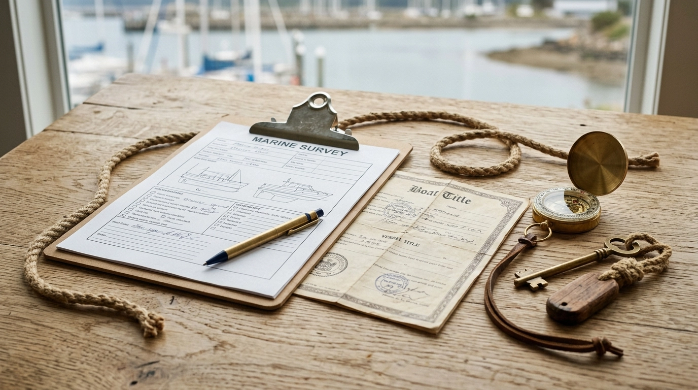 Boho Chic boat title documents and marine survey materials on a neutral table