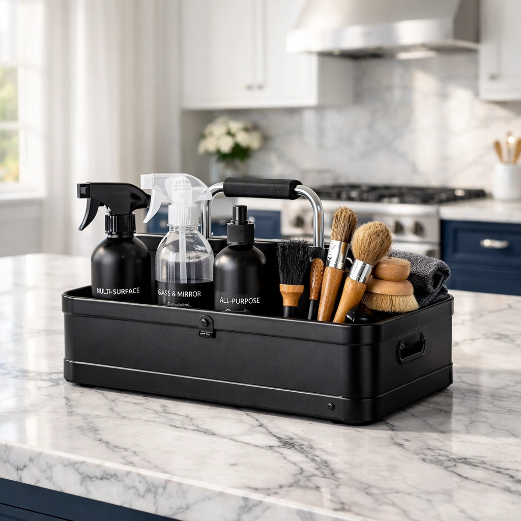 Organized cleaning caddy on a luxury kitchen island for efficient weekly house cleaning.