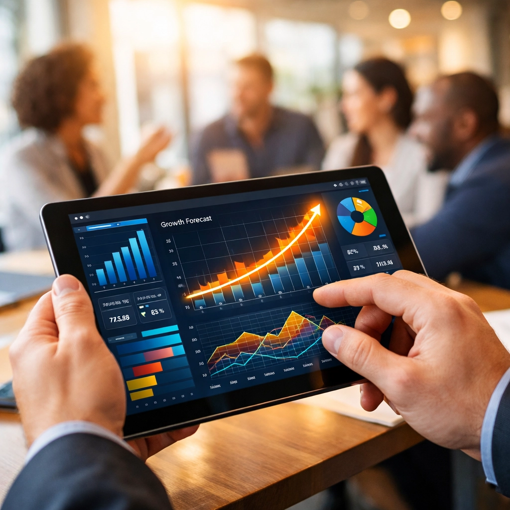 Professional using predictive analytics on a tablet to build a Future Ready workforce.