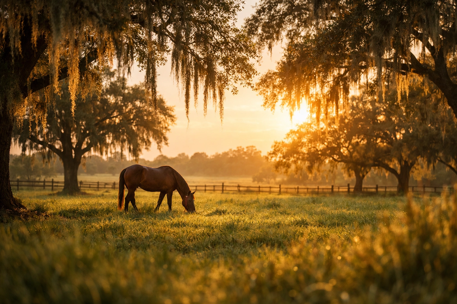A peaceful horse grazing in a St. Cloud pasture, offering a calm setting for equine therapy in Orlando.