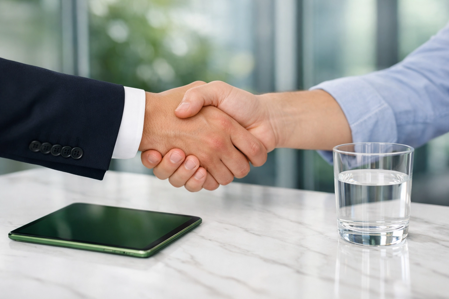Professional handshake at a closing table for a successful real estate investment property loan.