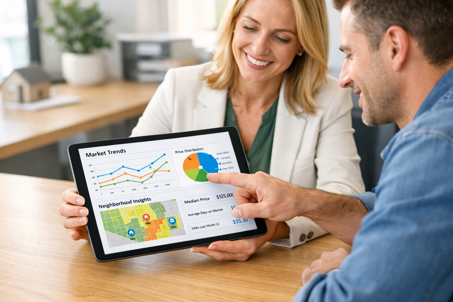 Real estate agent and client reviewing a digital property report on a tablet in a bright office.