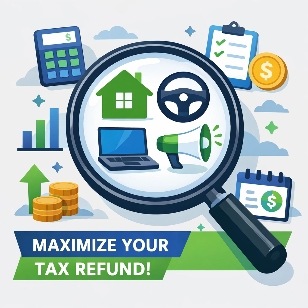 Icons for business deductions like home office and mileage to help maximize tax refund.