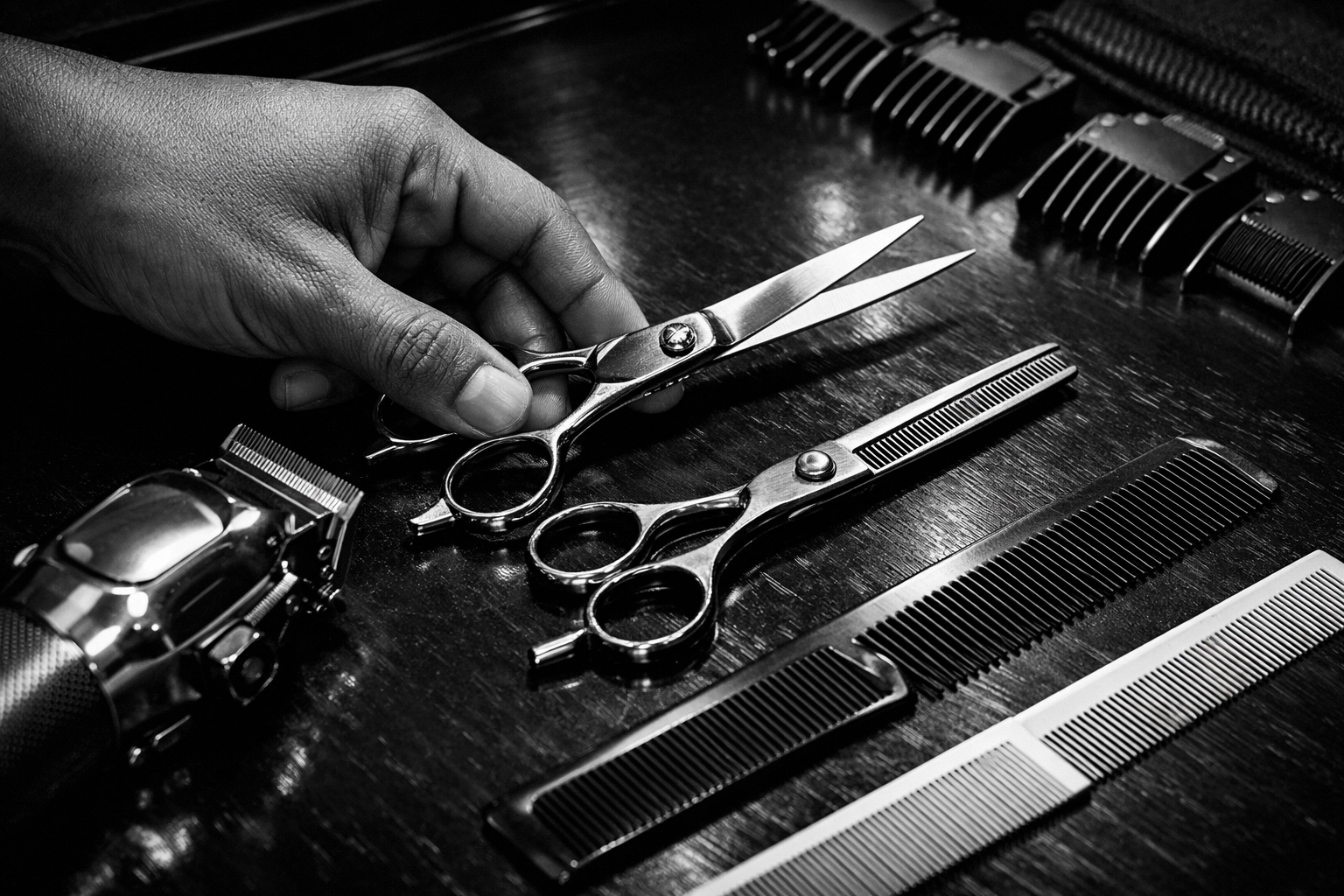 Essential barbering kit including shears and clippers used in Middletown barber school training.