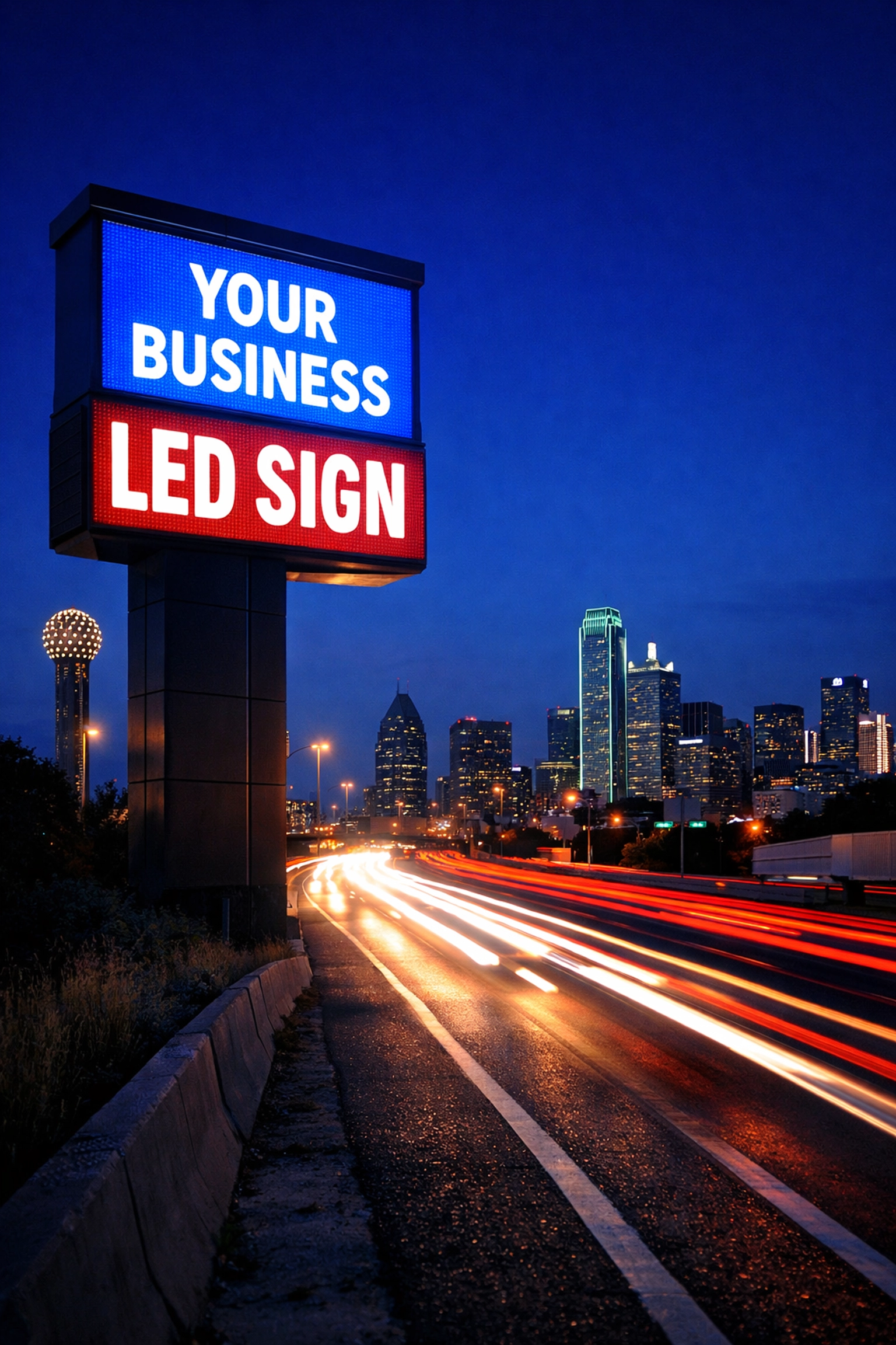 Bright LED monument sign alongside a busy Dallas highway with light trails from passing traffic.