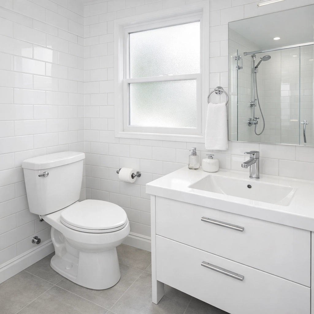 Spotless apartment bathroom with clean grout lines and chrome fixtures