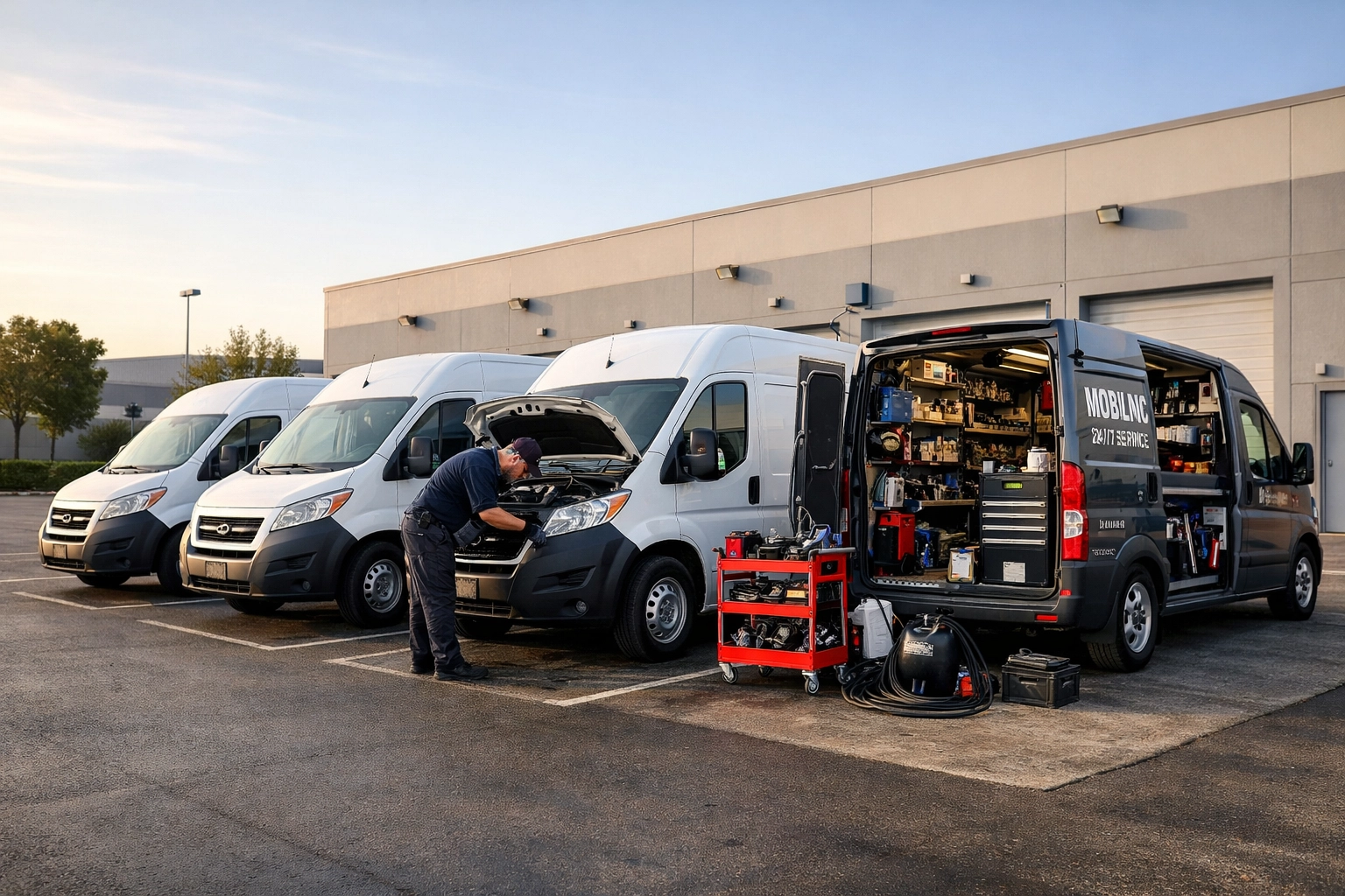 Commercial fleet vans receiving on-site mobile maintenance service at business location
